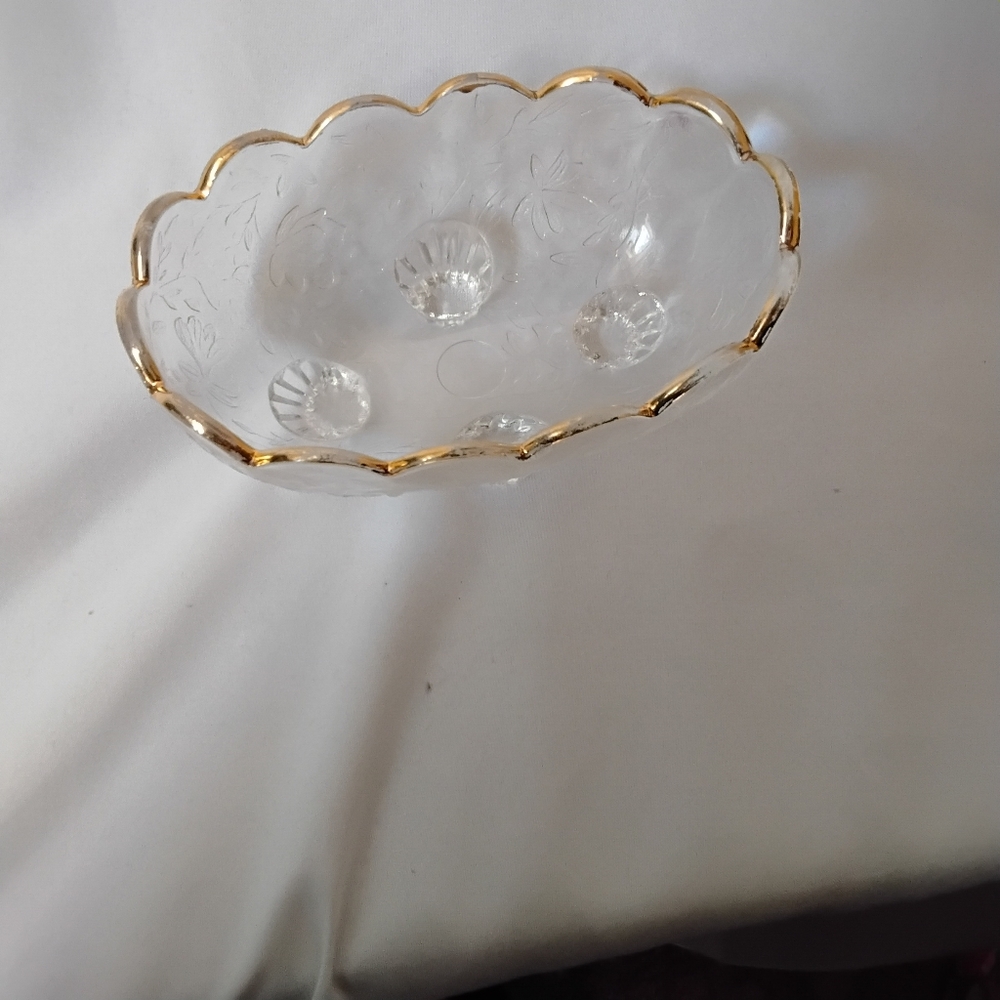 Vintage 1950's "Louisa" Jefferson Glass Oval Elegant Glass Bowl with Gold Trim